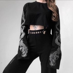 Aesthetic Black Dragon Crop Top with Belts